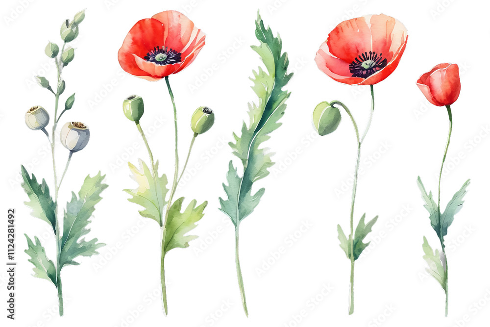 Naklejka premium Watercolor wildflowers set. Poppies, bud, seed and leaves, botanical colorful flowers, Generative AI