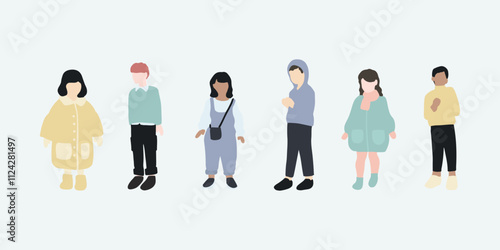 flat minimal children male and female vector illustration in winter clothing concept isolated set collection. For architecture rendering, graphic design, info graphic, media