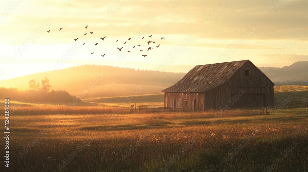 Serene Sunrise over Golden Fields and Rustic Barn: A Peaceful Countryside Landscape Photography Serene Sunrise over Golden Fields and Rustic Barn: A Peaceful Countryside Landscape Photography