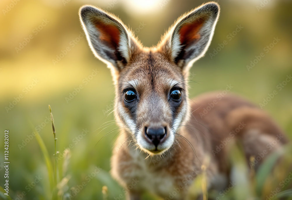 A young kangaroo in a grassy field, looking directly at the camera with its large ears and dark eyes A young kangaroo in a grassy field, looking directly at the camera with its large ears and dark eyes