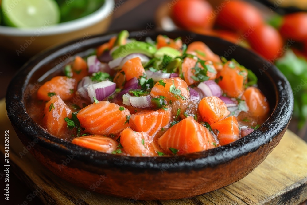 Salmon ceviche a traditional Central and South American dish Salmon ceviche a traditional Central and South American dish