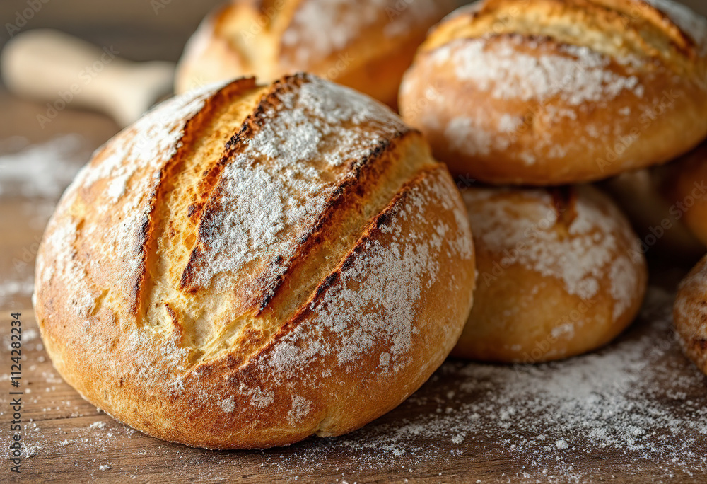 Freshly baked loaves of crusty white bread on a wooden surface Freshly baked loaves of crusty white bread on a wooden surface