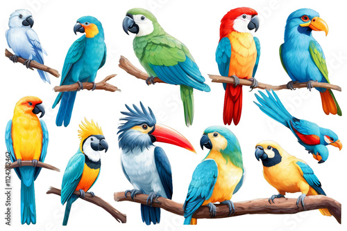 Set of tropical birds on isolated, Wildlife, Generative AI