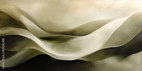  Fluid, smoky textures in muted earth tones like olive green, soft beige, and charcoal, swirling naturally to form abstract organic shapes.