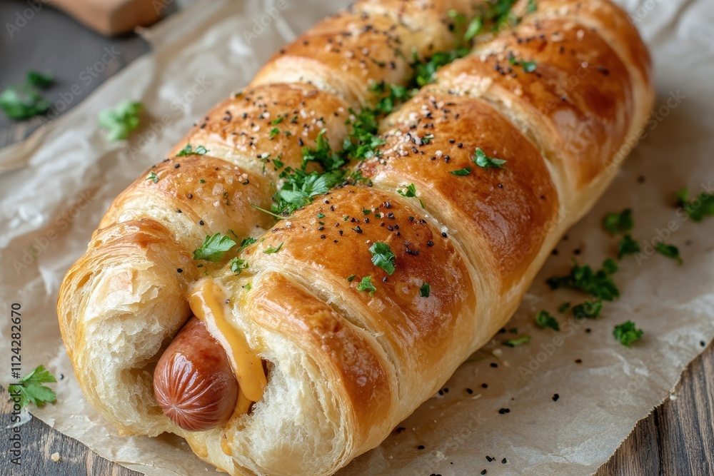 Sausage and cheese filled golden pastry Hot dog bun Aerial view Sausage and cheese filled golden pastry Hot dog bun Aerial view