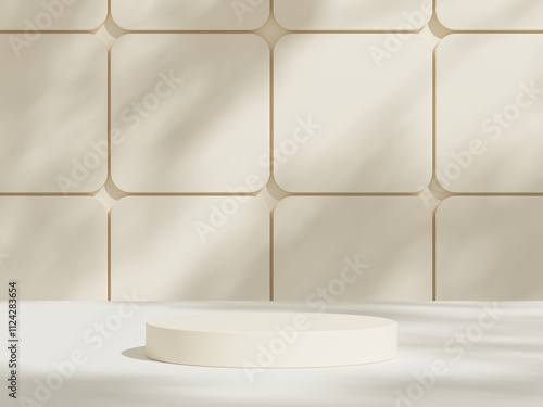 Abstract studio room with realistic white cylinder pedestal podium set and leaf shadow overlay. Minimal scene for product display presentation. geometric platform stage for showcase