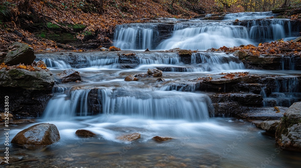 Fototapeta premium Serene Cascading Waterfall in Autumnal Forest: A Breathtaking Nature Scene