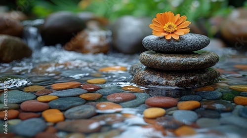 A close-up of stacked stones in a crystal-clear stream, with colorful pebbles visible beneath the surface, reflecting the harmony of nature and the artistry of human touch  photo