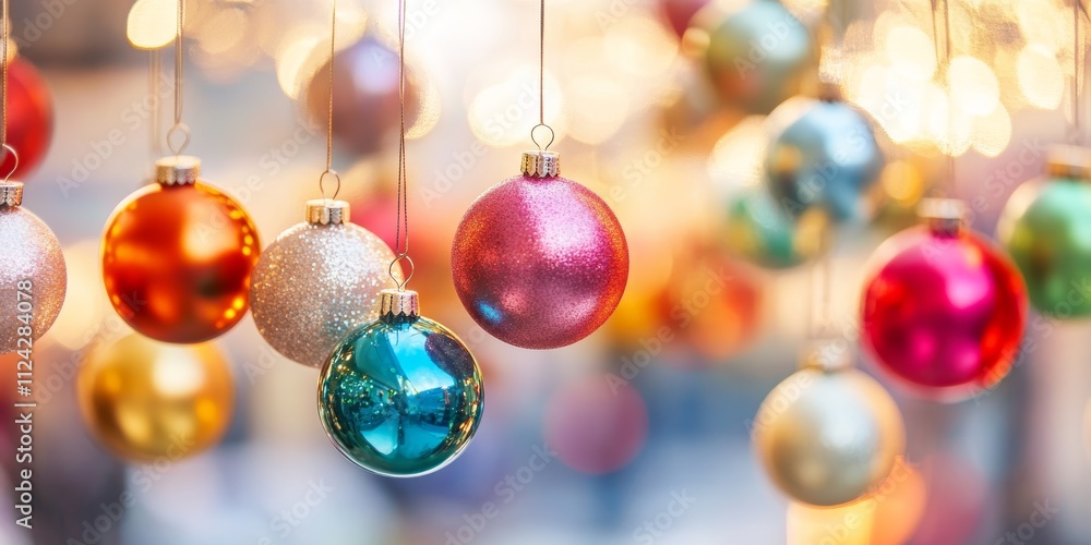 Fototapeta premium Colorful Christmas Ornaments Hanging on Blurred Festive Background
