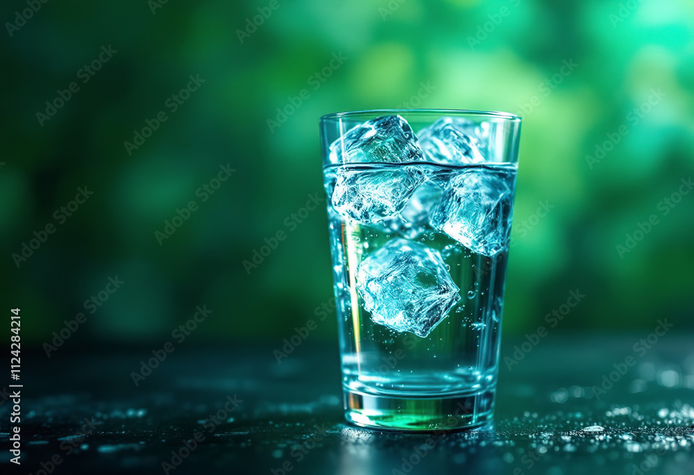 A glass of water with ice cubes against a blurred green background A glass of water with ice cubes against a blurred green background