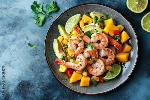 Shrimp ceviche salad featuring mango and avocado on a blue plate Fresh Latin American dish with lime and orange marinade