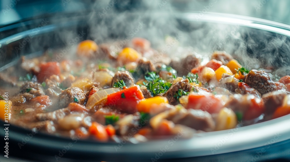 Delicious beef stew bubbles in a crockpot, featuring tender meat, vibrant vegetables, and aromatic herbs, perfect for a cozy dinner on a chilly day Delicious beef stew bubbles in a crockpot, featuring tender meat, vibrant vegetables, and aromatic herbs, perfect for a cozy dinner on a chilly day