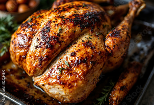 A whole roasted turkey on a baking sheet, with a crispy golden-brown skin and herbs or seasonings visible on the surface photo