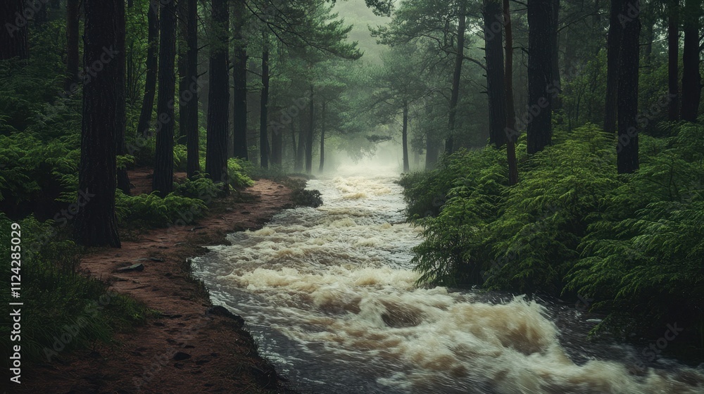 Obraz premium Enchanted Forest Waterway: A Misty, Mossy Adventure