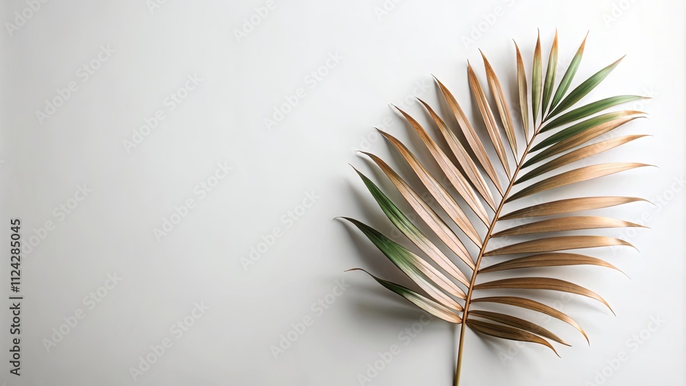 Single Dried Palm Frond on White Background, Minimalist Botanical Still Life Photography