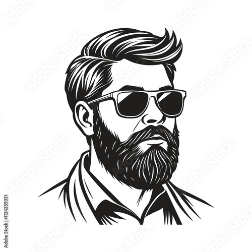 A monochrome vector illustration of a bearded man wearing sunglasses with a stylish mustache
