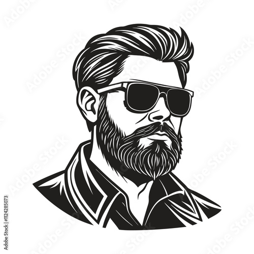 A monochrome vector illustration of a bearded man wearing sunglasses with a stylish mustache