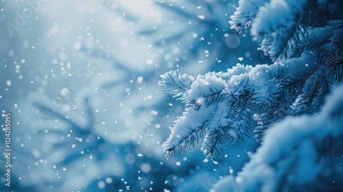 Christmas scenic background with copy space. Snow landscape with spruce branches covered with snow winter scene