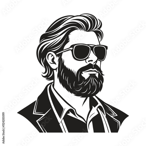 A monochrome vector illustration of a bearded man wearing sunglasses with a stylish mustache