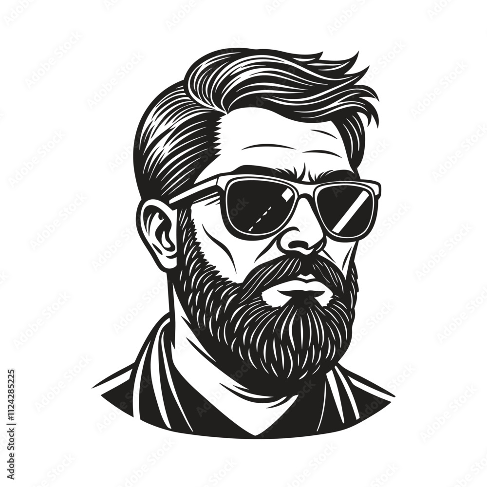 A monochrome vector illustration of a bearded man wearing sunglasses with a stylish mustache A monochrome vector illustration of a bearded man wearing sunglasses with a stylish mustache