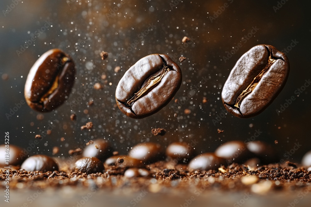 floating in the air or falling from above coffee beans in various states of motion against a blurred background. The style is dynamic and rich, featuring deep, earthy brown tones floating in the air or falling from above coffee beans in various states of motion against a blurred background. The style is dynamic and rich, featuring deep, earthy brown tones