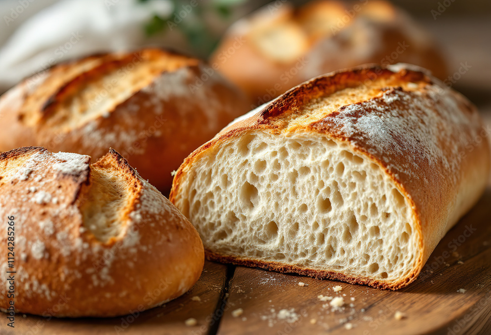 Freshly baked loaves of crusty white bread on a wooden surface Freshly baked loaves of crusty white bread on a wooden surface
