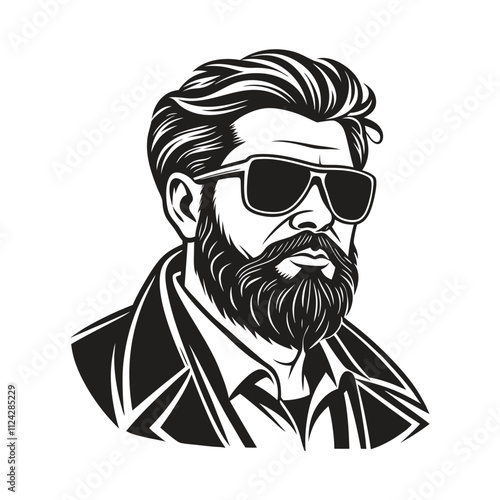 A monochrome vector illustration of a bearded man wearing sunglasses with a stylish mustache