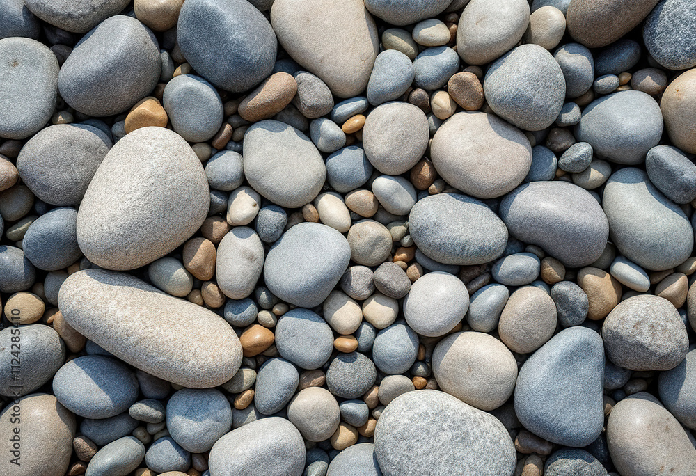 Smooth, rounded river rocks in various shades of gray and beige, with some pebbles and stones of different sizes and shapes Smooth, rounded river rocks in various shades of gray and beige, with some pebbles and stones of different sizes and shapes
