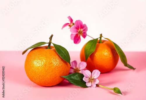 Two oranges on a pink background with pink flowers