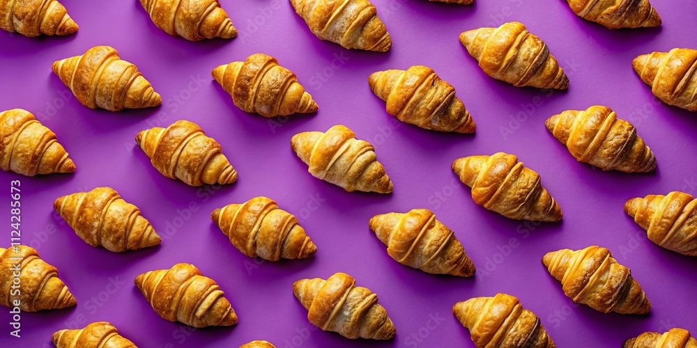 Delicious golden croissants arranged in a repeating pattern on a vibrant purple background Delicious golden croissants arranged in a repeating pattern on a vibrant purple background
