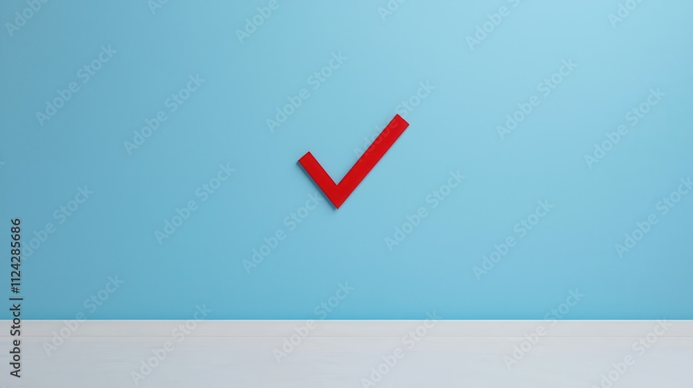 register approval concept. Red checkmark on a blue background with a clean white base. register approval concept. Red checkmark on a blue background with a clean white base.