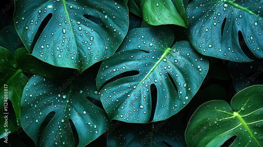 Obraz premium A close-up view of a Monstera leaf with droplets of water on its surface, emphasizing the texture and details of the leaf, set against a soft background of lush greenery 
