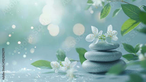 Serene stones adorned with blossoms on tranquil background, spa background. photo