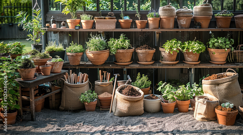 Fototapeta premium A collection of various potting shed materials, including wooden planks, galvanized steel sheets, clay pots, gardening tools, burlap sacks, and bags of soil, arranged artistically in a garden setting.