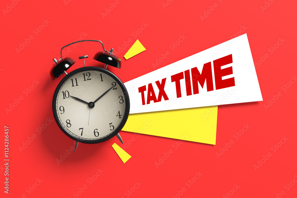 Alarm clock with tax time reminder on red background. Alarm clock with tax time reminder on red background.