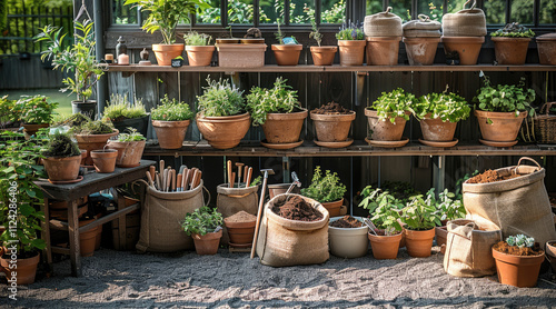 A collection of various potting shed materials, including wooden planks, galvanized steel sheets, clay pots, gardening tools, burlap sacks, and bags of soil, arranged artistically in a garden setting.