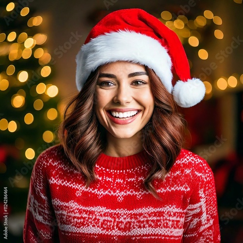 Joyful Woman in Santa Hat: Festive Holiday Cheer, Generated image