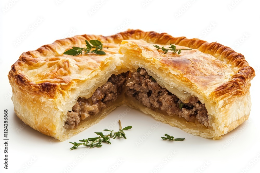 Split meat pie made with puff pastry on white background Split meat pie made with puff pastry on white background