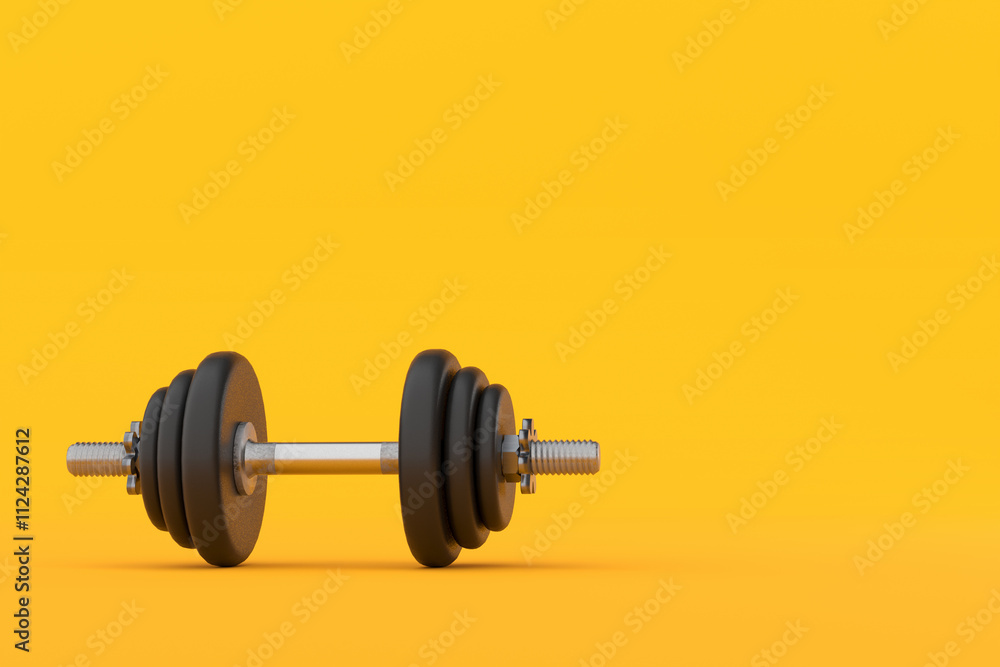 Adjustable dumbbell lying on yellow background for fitness Adjustable dumbbell lying on yellow background for fitness