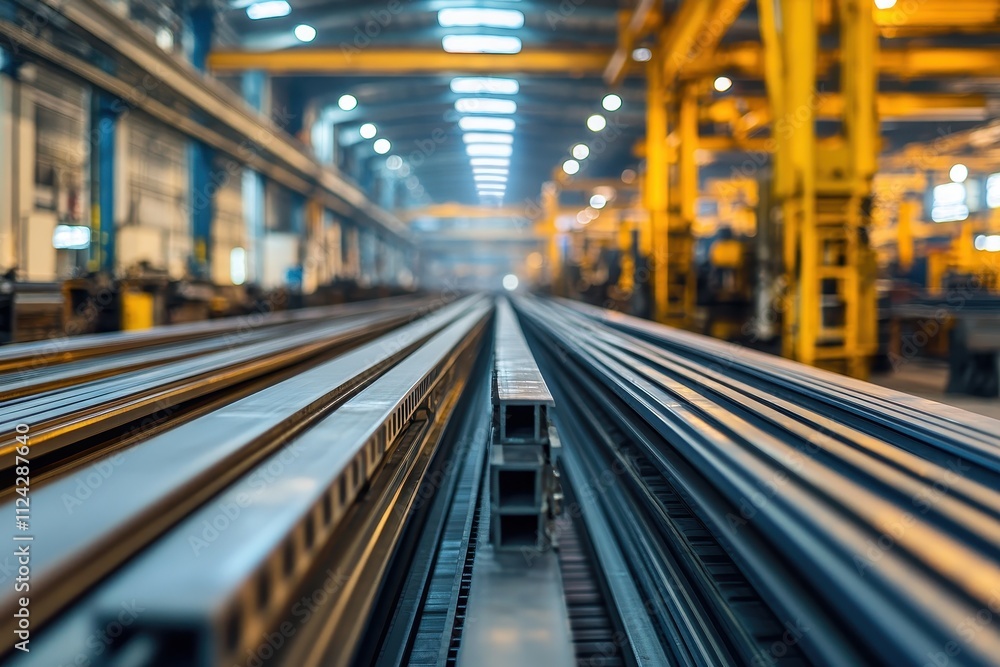 Fototapeta premium Steel profile beams bundled at Thailand metal products warehouse