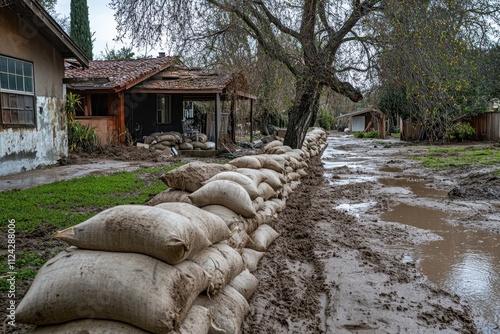 Storm on January 12 2023 in Watsonville CA caused flooding between the Passaro and Sausipuedes Rivers sandbags were used to prevent water damage photo