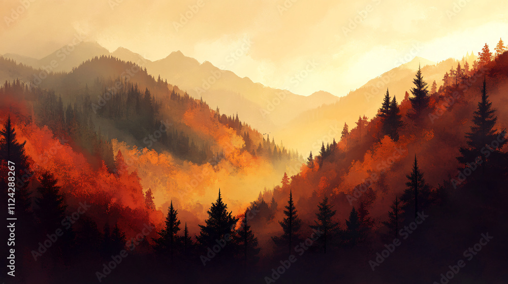 Vibrant autumn hills with thick mist and dark trees, bathed in warm light Vibrant autumn hills with thick mist and dark trees, bathed in warm light