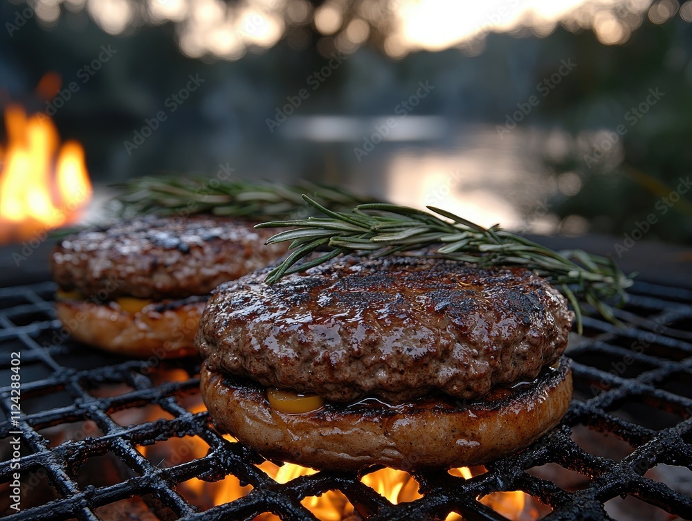 Juicy grilled burgers with rosemary on a fiery grill. Perfect for articles on grilling, food, or summer. Juicy grilled burgers with rosemary on a fiery grill. Perfect for articles on grilling, food, or summer.