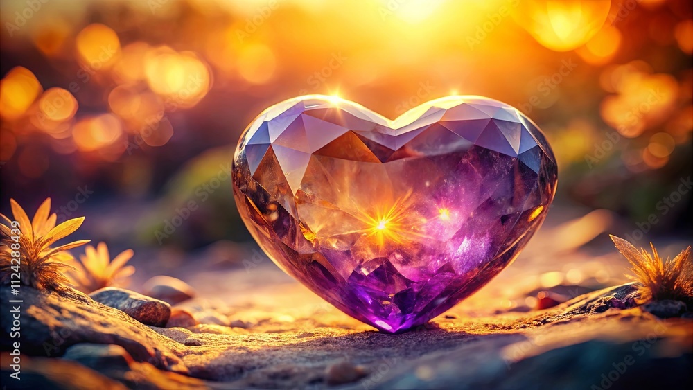 A crystalline heart-shaped gemstone glows with sunset light, resting on a bed of rocks and small plants A crystalline heart-shaped gemstone glows with sunset light, resting on a bed of rocks and small plants