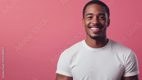 Smiling man posing pink background portrait photograph.