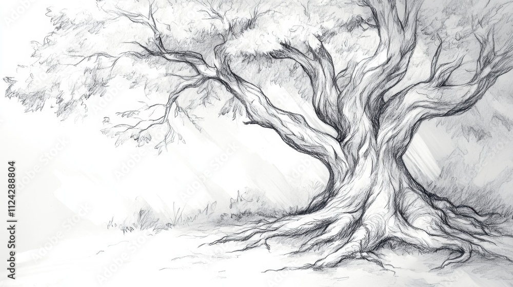 Elegant Sketch of a Majestic Tree with Detailed Roots Elegant Sketch of a Majestic Tree with Detailed Roots