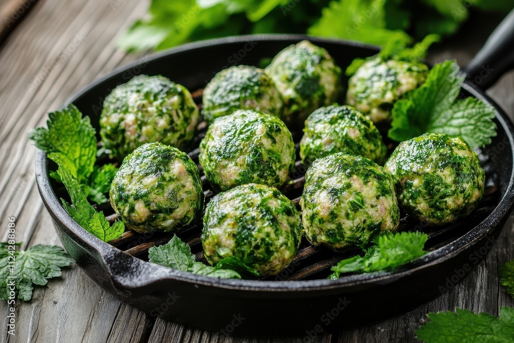 Fototapeta premium Tasty homemade nettle meatballs made in a grill pan