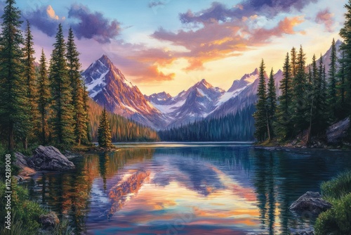 Wallpaper Mural Serene sunset over a pristine mountain lake, reflecting vibrant colors in the calm water. Torontodigital.ca