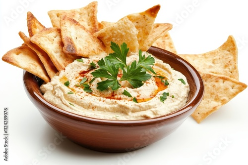 Tasty hummus with parsley and pita chips on a light backdrop photo