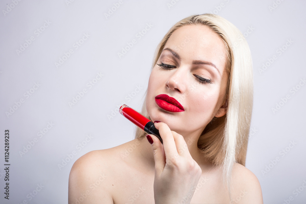 Portrait of Beautiful Woman a blonde With Red Lipstick Portrait of Beautiful Woman a blonde With Red Lipstick